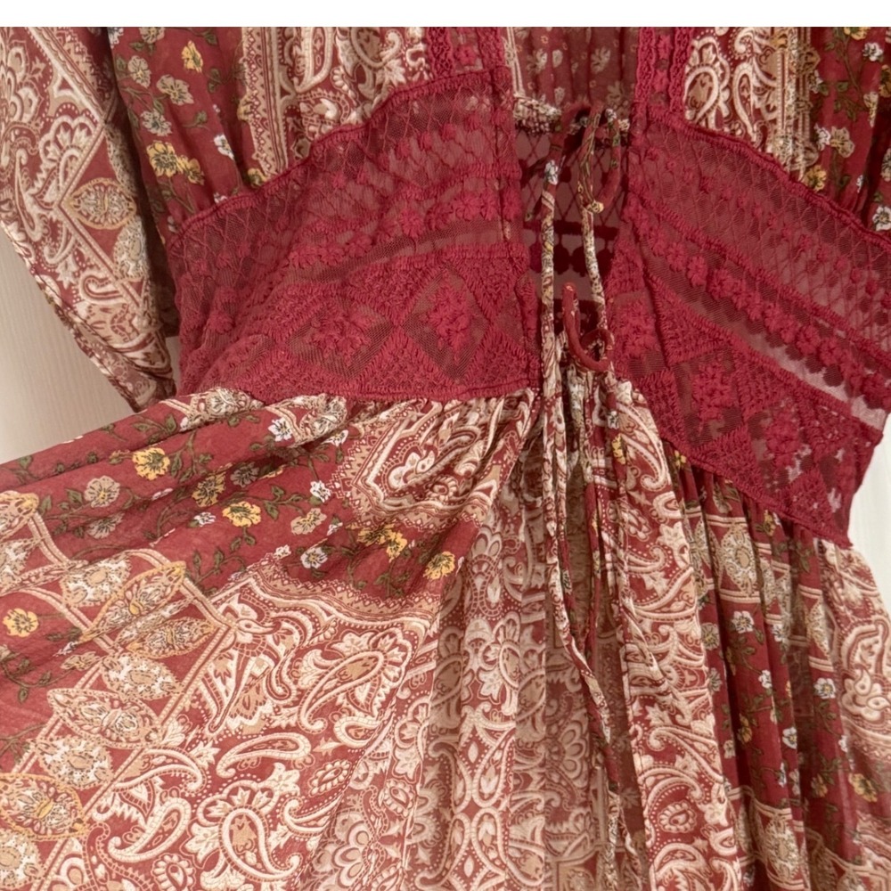 Boho Patchwork Paisley Duster Kaftan Womens L Burgundy Sheer Lace Festival NWT - Picture 6 of 12